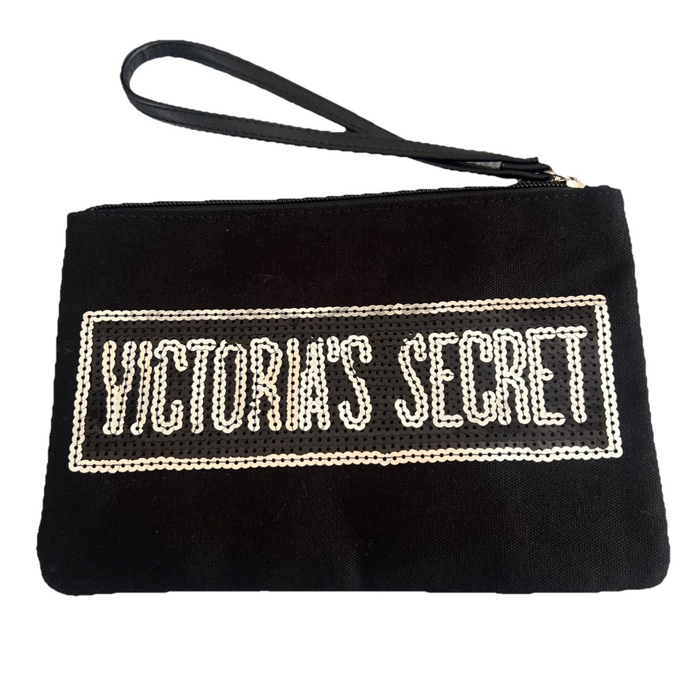 Victoria's Secret Sequin Wristlet Zip Top Bag‎ Pouch Limited Edition Black EUC